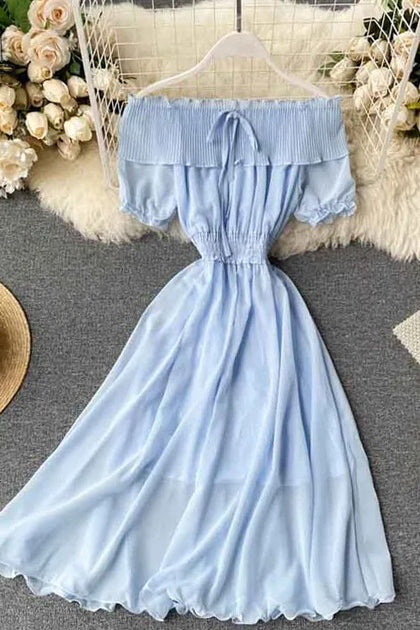 Dress Off Shoulder Chiffon Dress Solid Vestidos Short Puff Sleeve Ruffles Holiday Dress