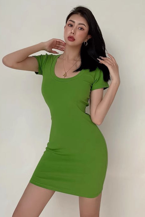U-Neck Tight Wrap Buttocks Mini Dress