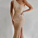 Henley Formal One Shoulder Glitter Dress