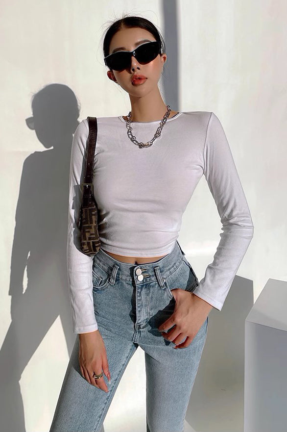 Backless T-Shirt Elastic Tight Slim Round Neck Top
