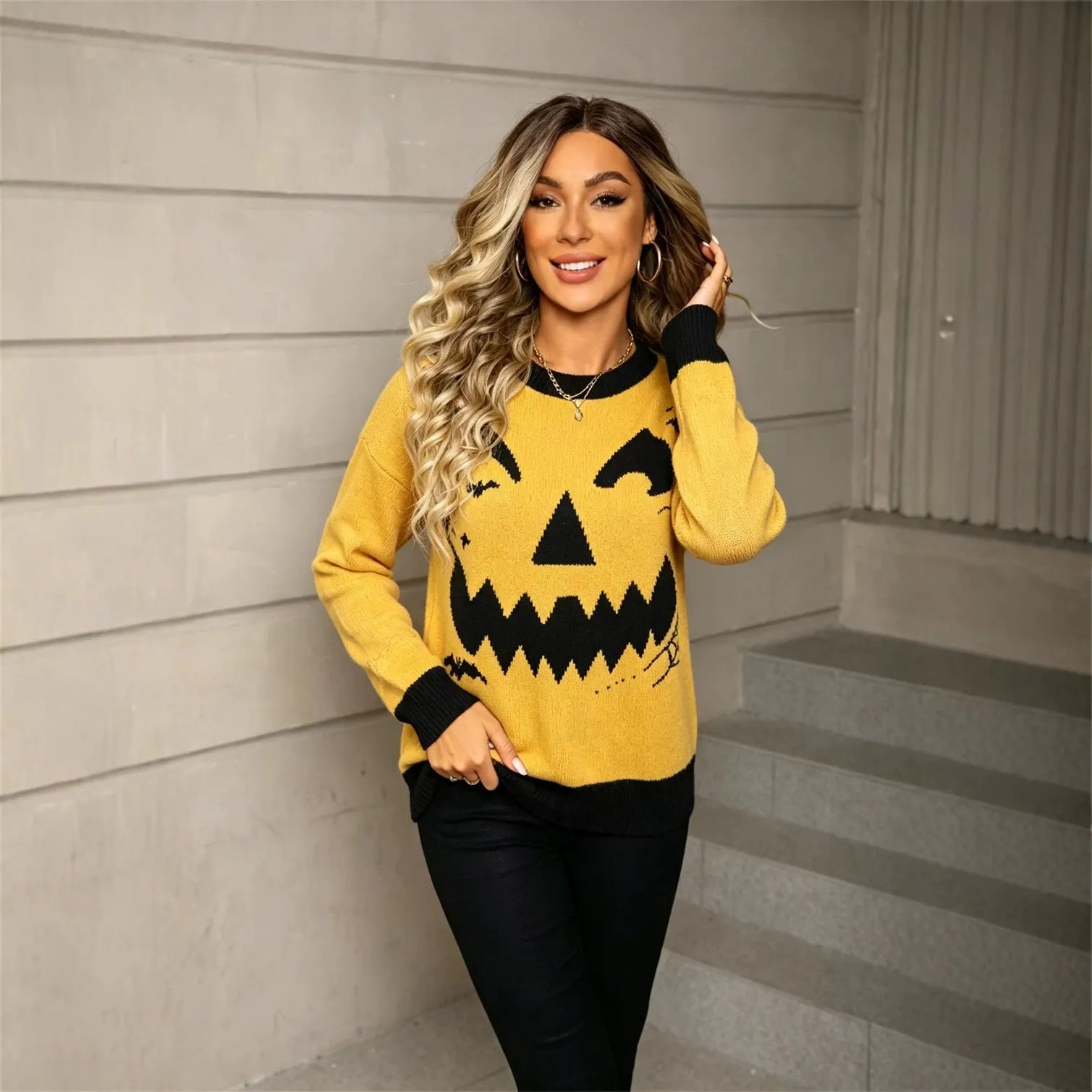 Halloween Pumpkin Face Crew Neck Sweater