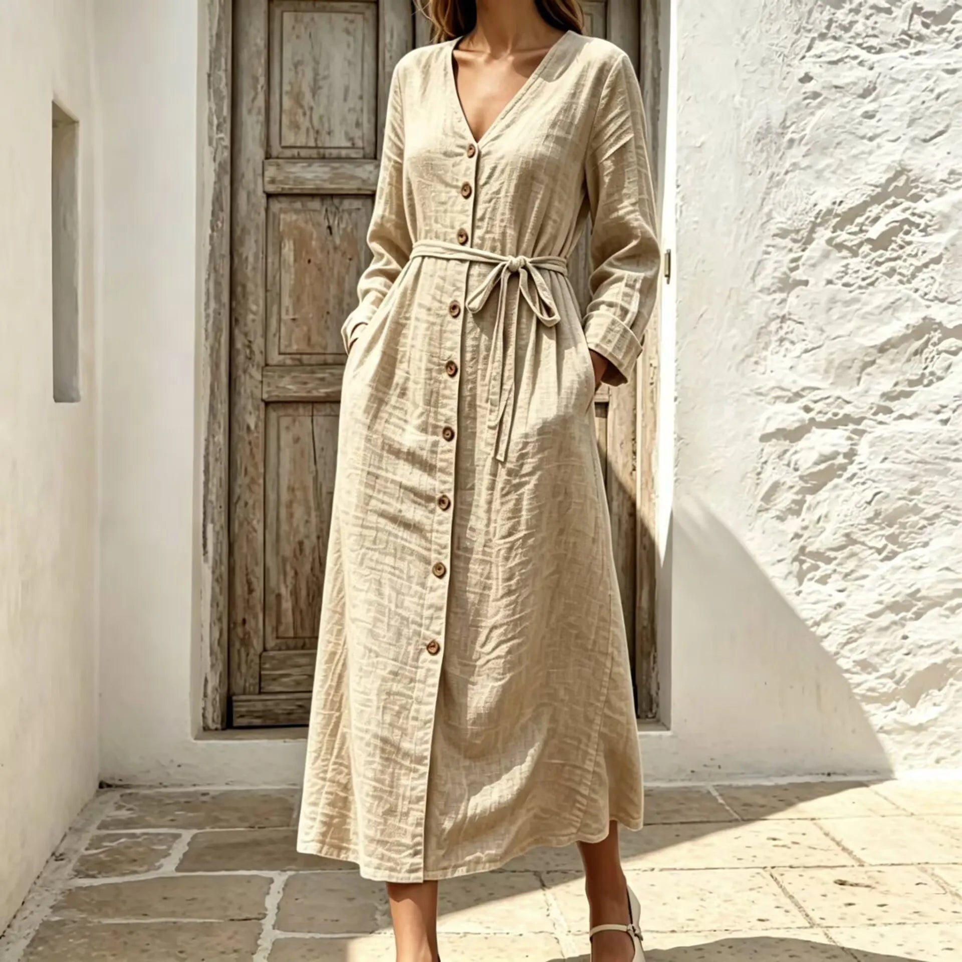 V Neck Long Sleeve Lace-Up Cotton Linen A-Line Maxi Dress