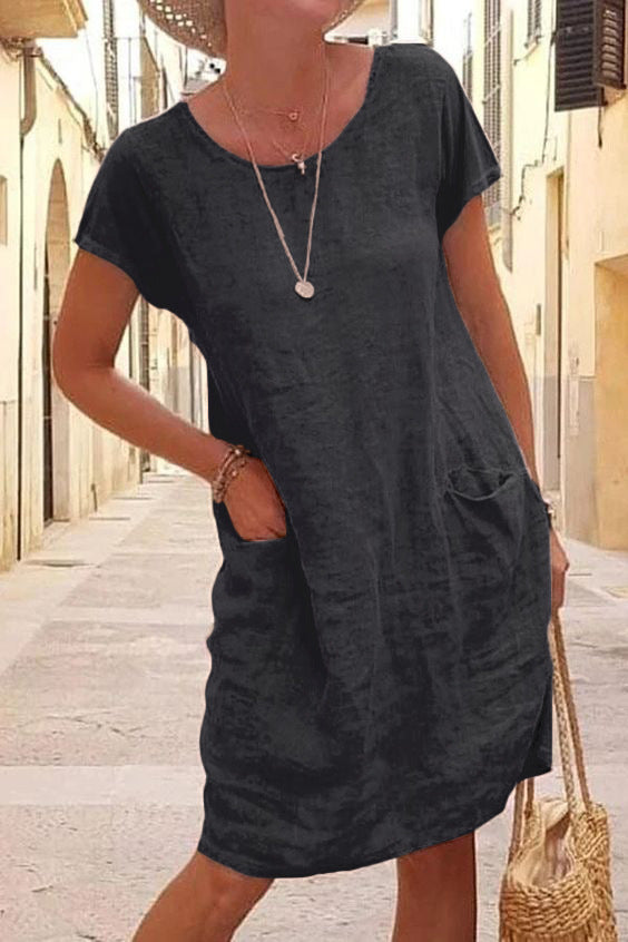 Solid Color Cotton Linen Short Sleeve Midi Dress,