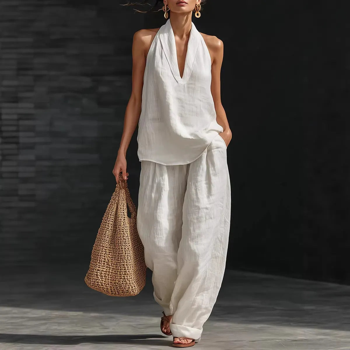 Halter Sleeveless Top & Wide Leg Pants Two Piece Casual Set