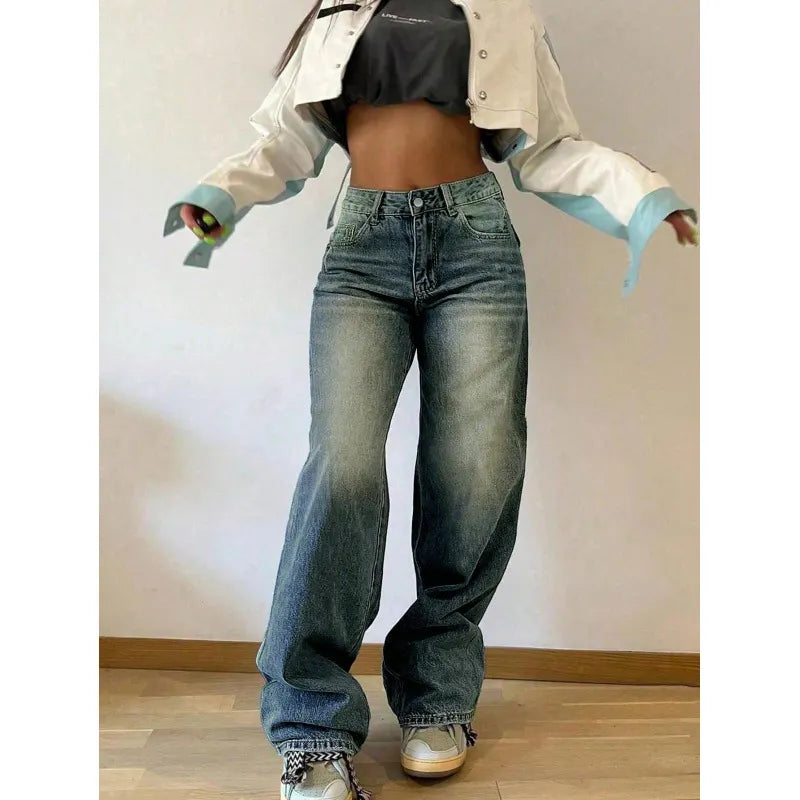 Vintage Washed Gradient Baggy Denim Wide Leg Jeans
