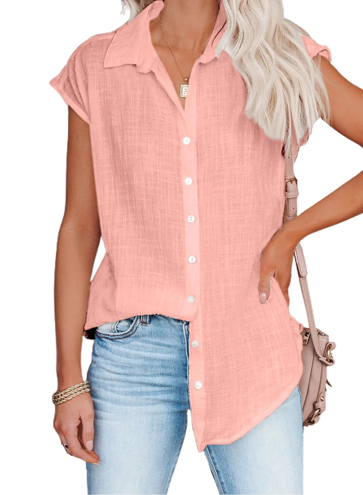 White Sleeveless Button Down Shirt, Loose Fit Linen Blend Blouse for Summer