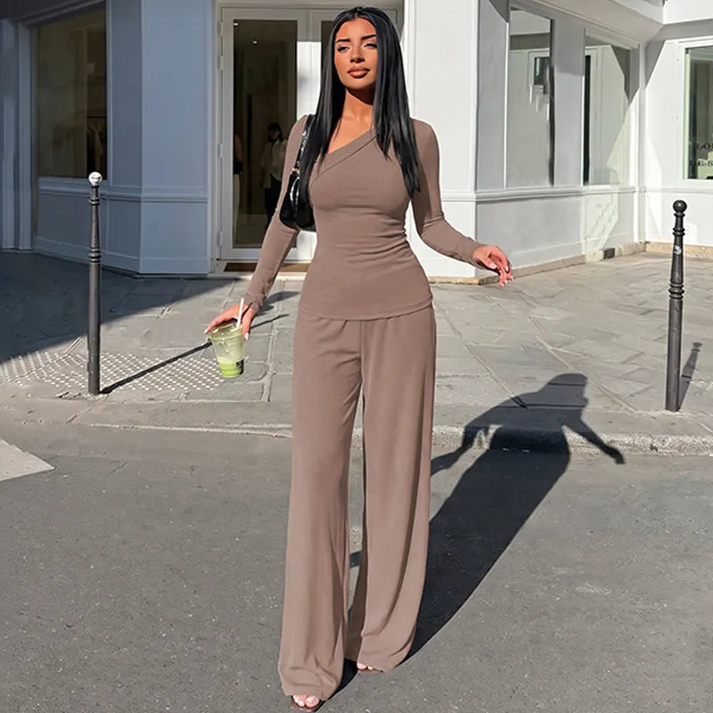 2 Piece Outfit Set Asymmetrical Wrap Long Sleeve Top & Split Flare Pants