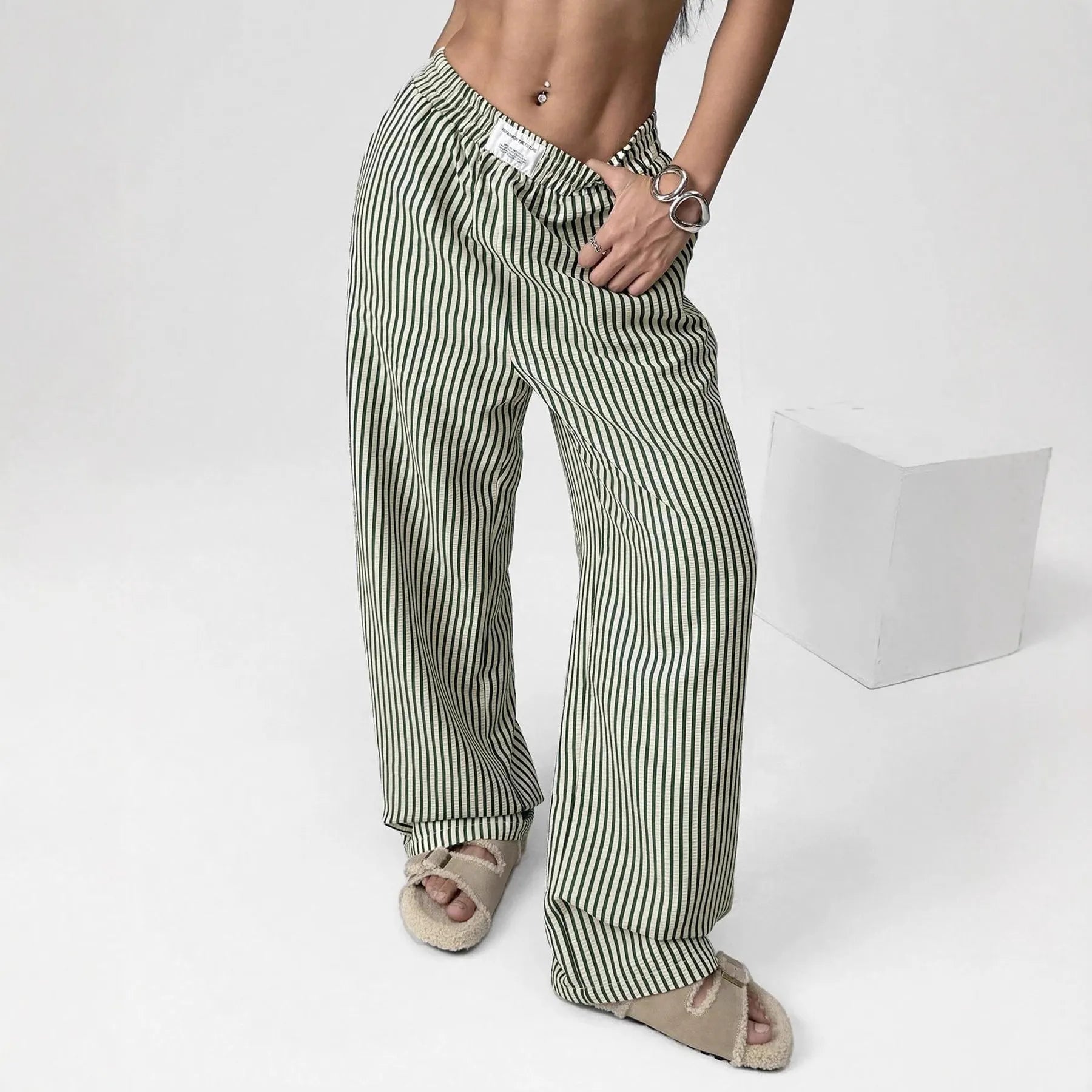 Striped Elastic Waist Straight Leg Casual Long Pants