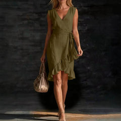 Deep V Neck Sleeveless Wrap Tie Waist Irregular Ruffle Hem Midi Dress