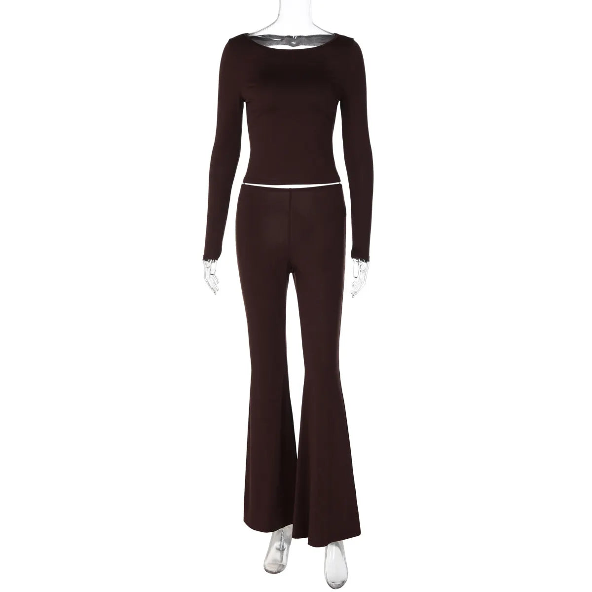 Brown Slim Fit Matching Set, Long Sleeve Crop Top High Waist Flared Leg Pants