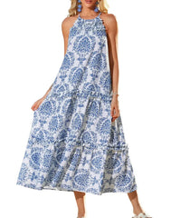 Boho Print Halter Neck Sleeveless Tiered Maxi Dress