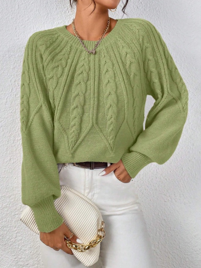 Crew Neck Cable Knit Sweater, Long Lantern Sleeve Loose Solid Pullover