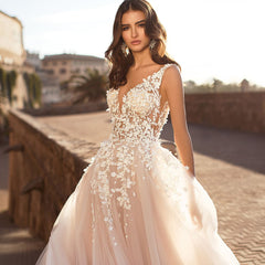 V-Neck 3D Floral Lace Wedding Dress, Sleeveless A-Line Tulle Bridal Gown