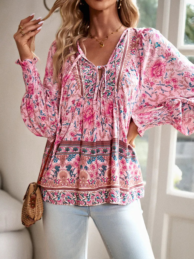 Boho Floral V-Neck Long Sleeve Loose Blouse