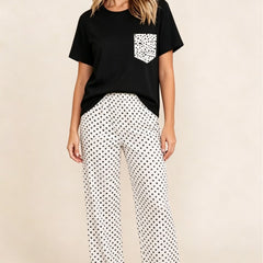 Color Block Polka Dot Pocket Short Sleeve Long Pants Loungewear Set