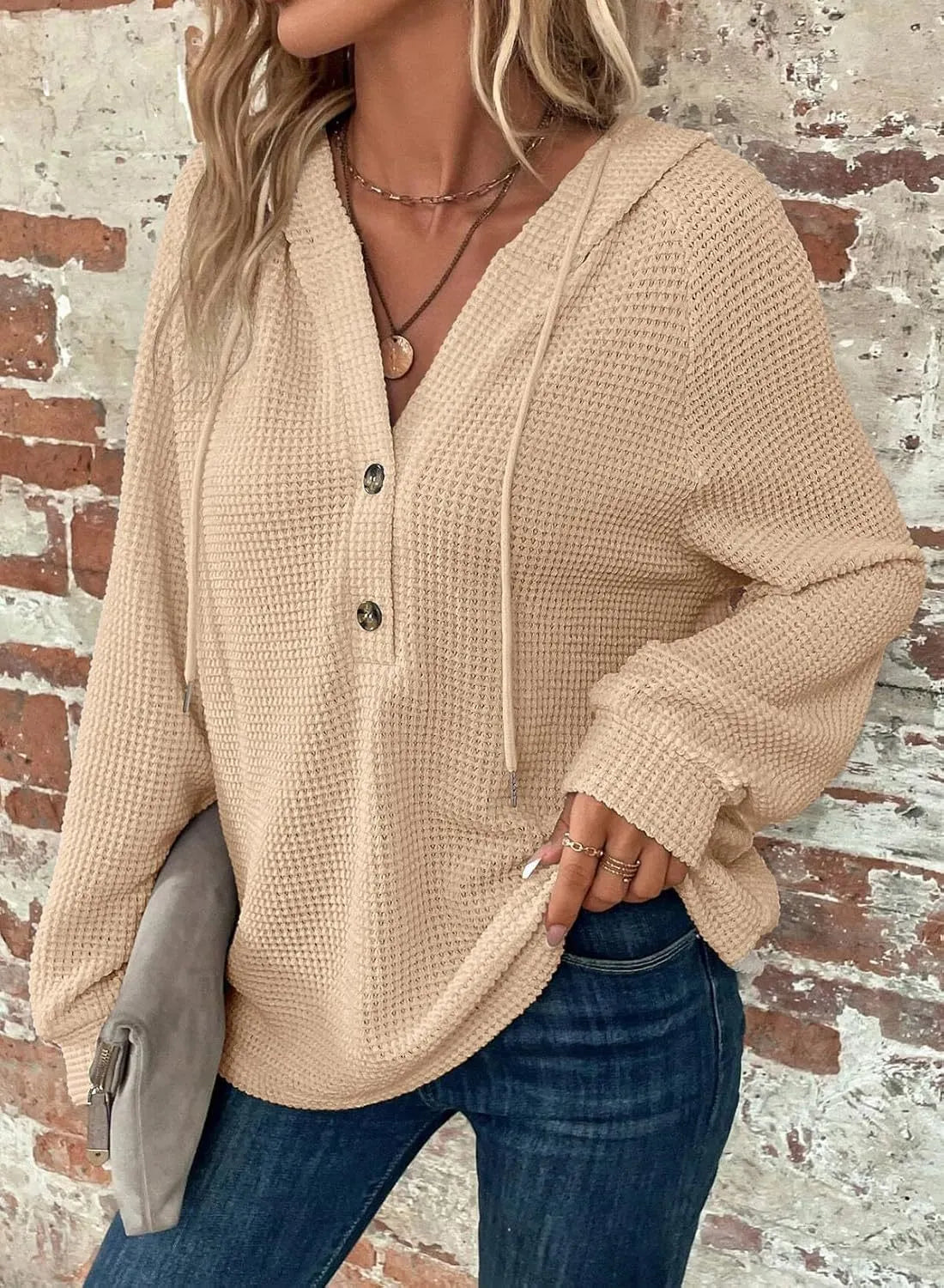 Waffle Knit Hooded Top, V-Neck Button Front Oversized Sweatshirt for Fall