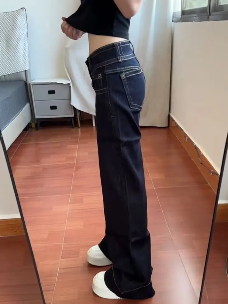 Double Button Low Rise Wide Leg Denim Jeans