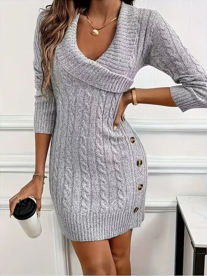 Wrap V Neck Cable Knit Sweater Dress