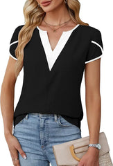 Color Block V Neck Textured Blouse Contrast Trim Casual Office Top