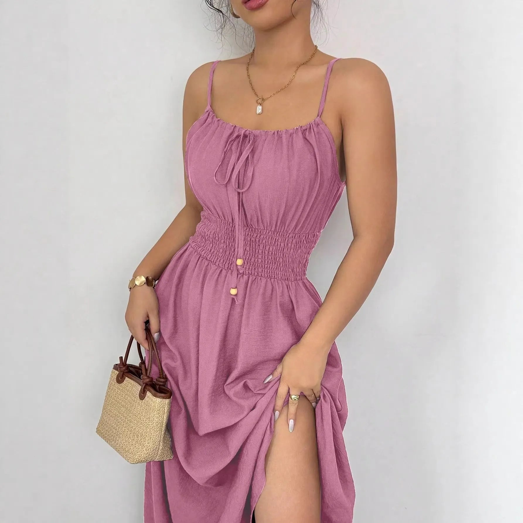 One-Shoulder Spaghetti Strap Smocked Elastic Waist Solid A-Line Maxi Dress