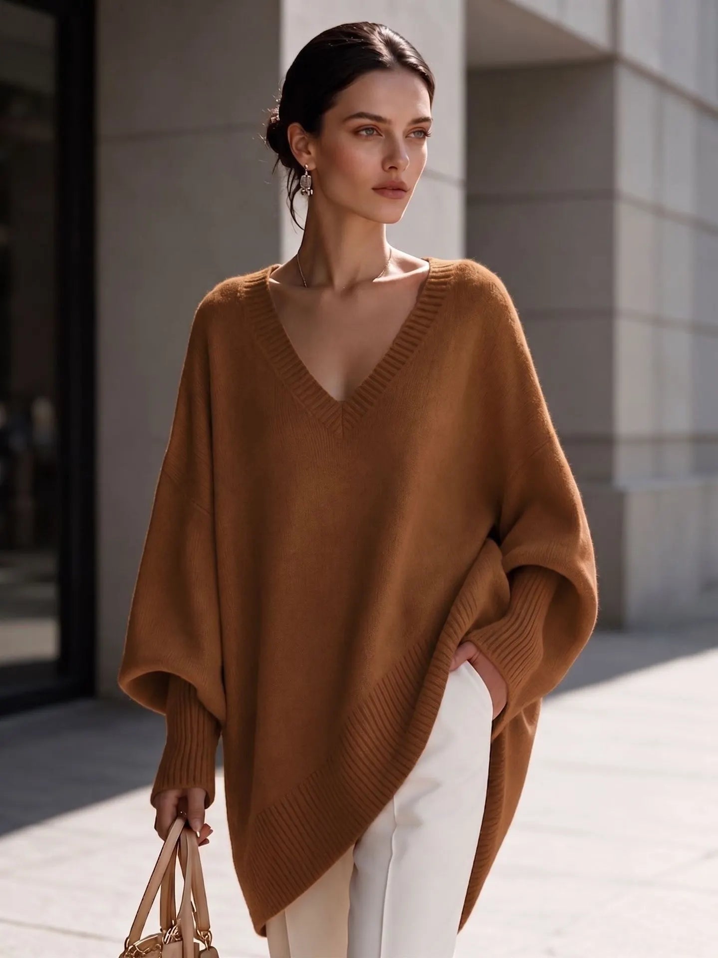 Dusty Pink Oversized V Neck Tunic Sweater, Batwing Long Sleeve Soft Knit Top