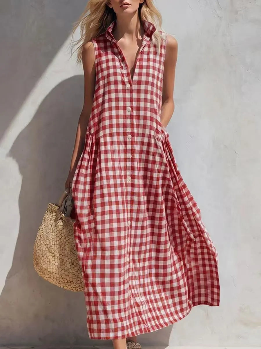 Stand Collar Sleeveless Gingham Pocket Linen Maxi Dress