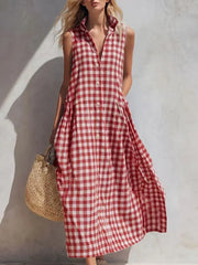 Stand Collar Sleeveless Gingham Pocket Linen Maxi Dress