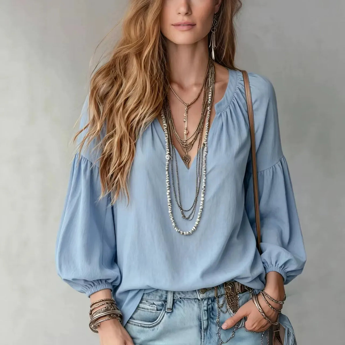 Notched V Neck Puff Sleeve Elastic Cuff Relaxed Fit Shirt