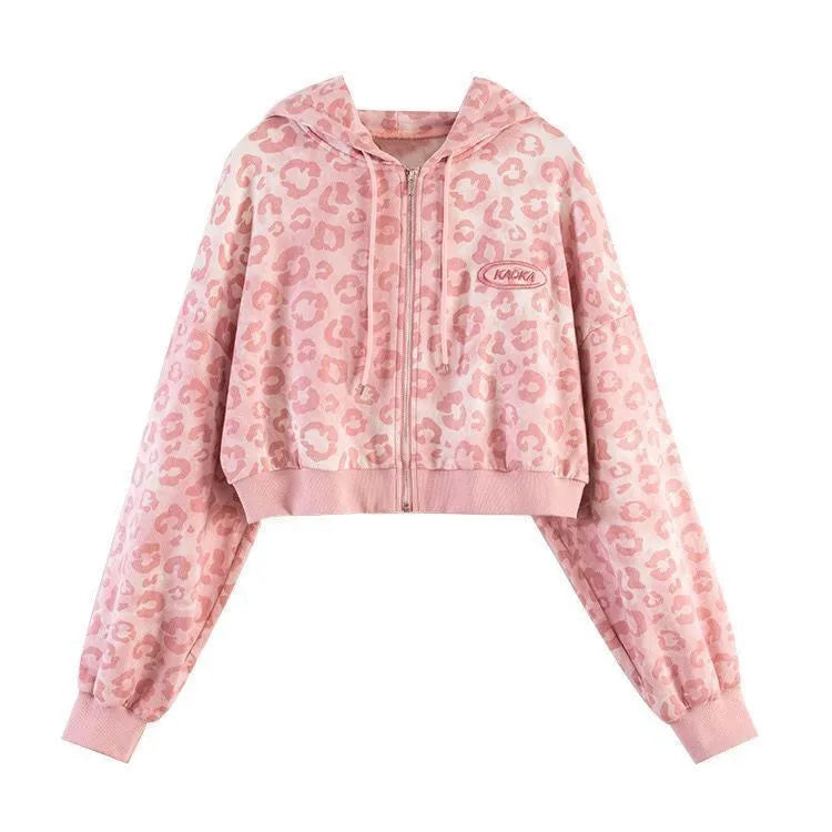 Y2K Pink Leopard Print Cropped Zip Up Hoodie Long Sleeve Crop Sweatshirt