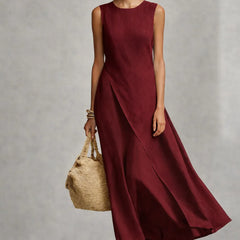 Round Neck Wrap Overlay Sleeveless Linen Maxi Dress