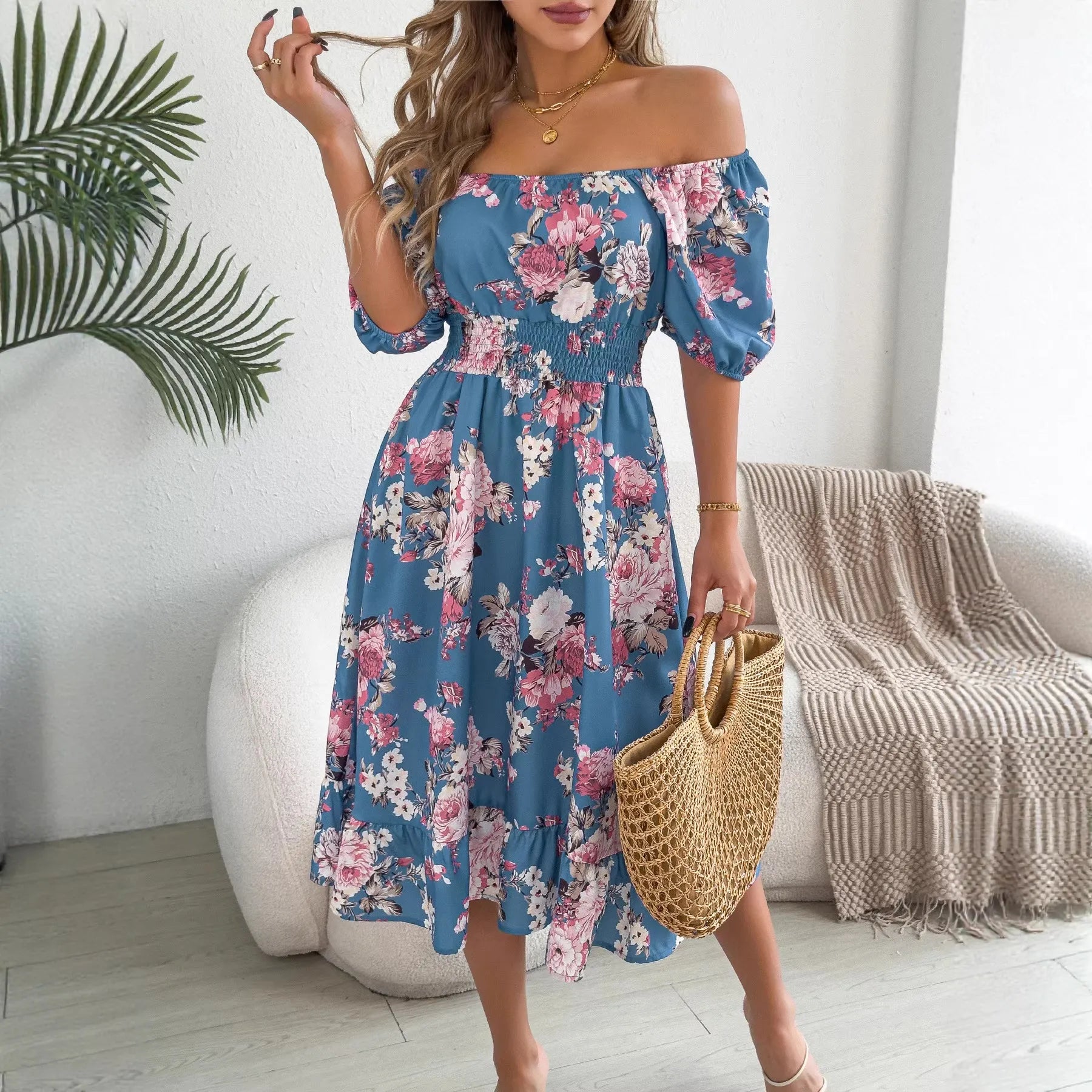 Square Neck Puff Sleeve Floral Print Smocked Waist A-Line Midi Dress