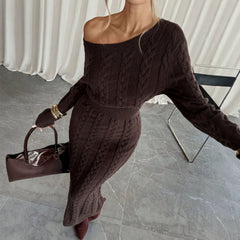 Slash Neck Cable Knit Bodycon Dress, Ladies Long Sleeve Off Shoulder Warm Knitted Midi Dress