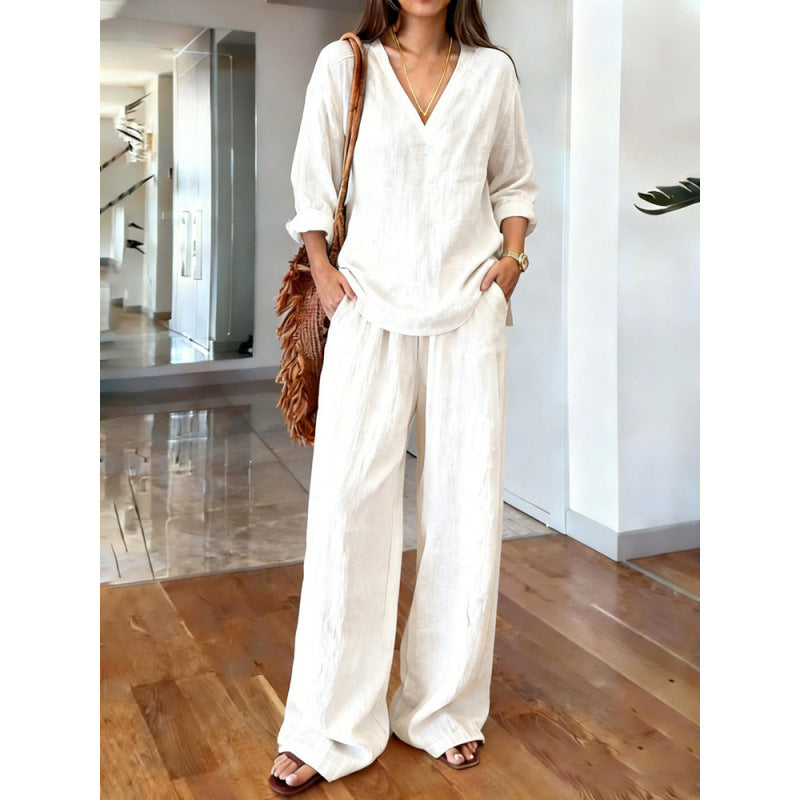 Solid V-Neck Long Sleeve Top & Wide Leg Pants Two-Piece Set