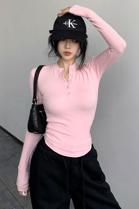 Buttons Neck Long Sleeve Top Tee