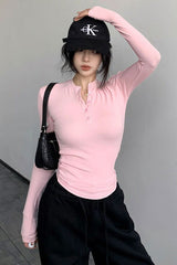 Buttons Neck Long Sleeve Top Tee