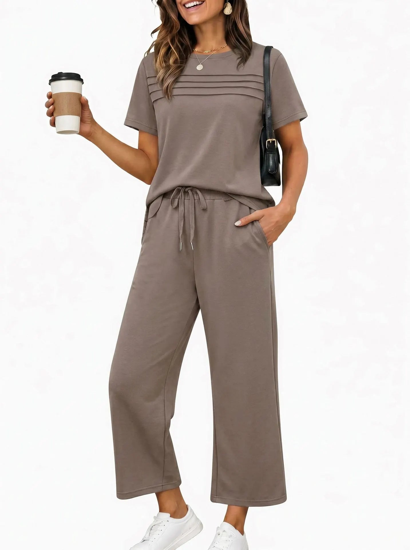 Solid Color Pleated Round Neck Short Sleeve Drawstring Nine-Point Pant Casua