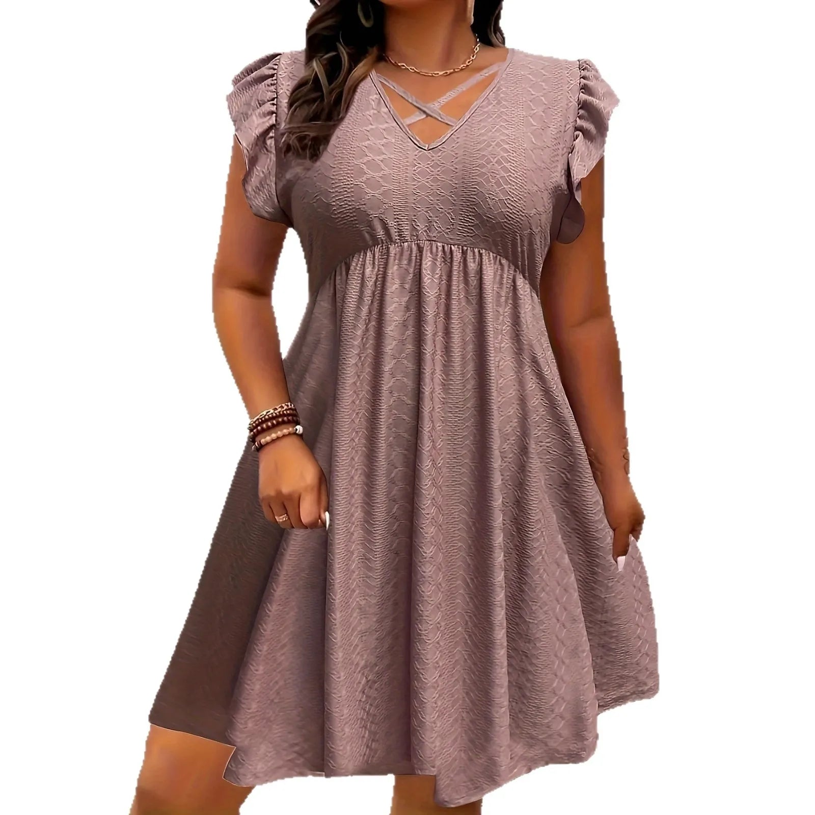 Burgundy V-Neck Ruffle-Sleeve A-Line Midi Dress