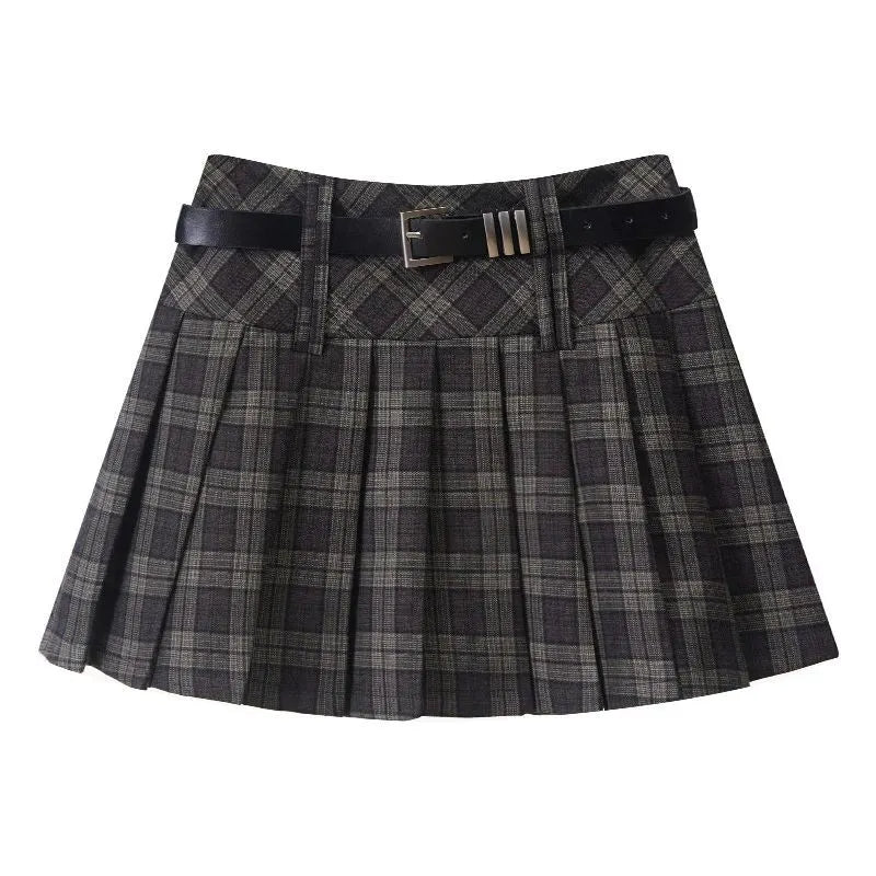 Y2K Streetwear Detachable Belt Plaid Pleated Skirt High Waist Mini Skirt