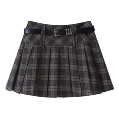 Y2K Streetwear Detachable Belt Plaid Pleated Skirt High Waist Mini Skirt