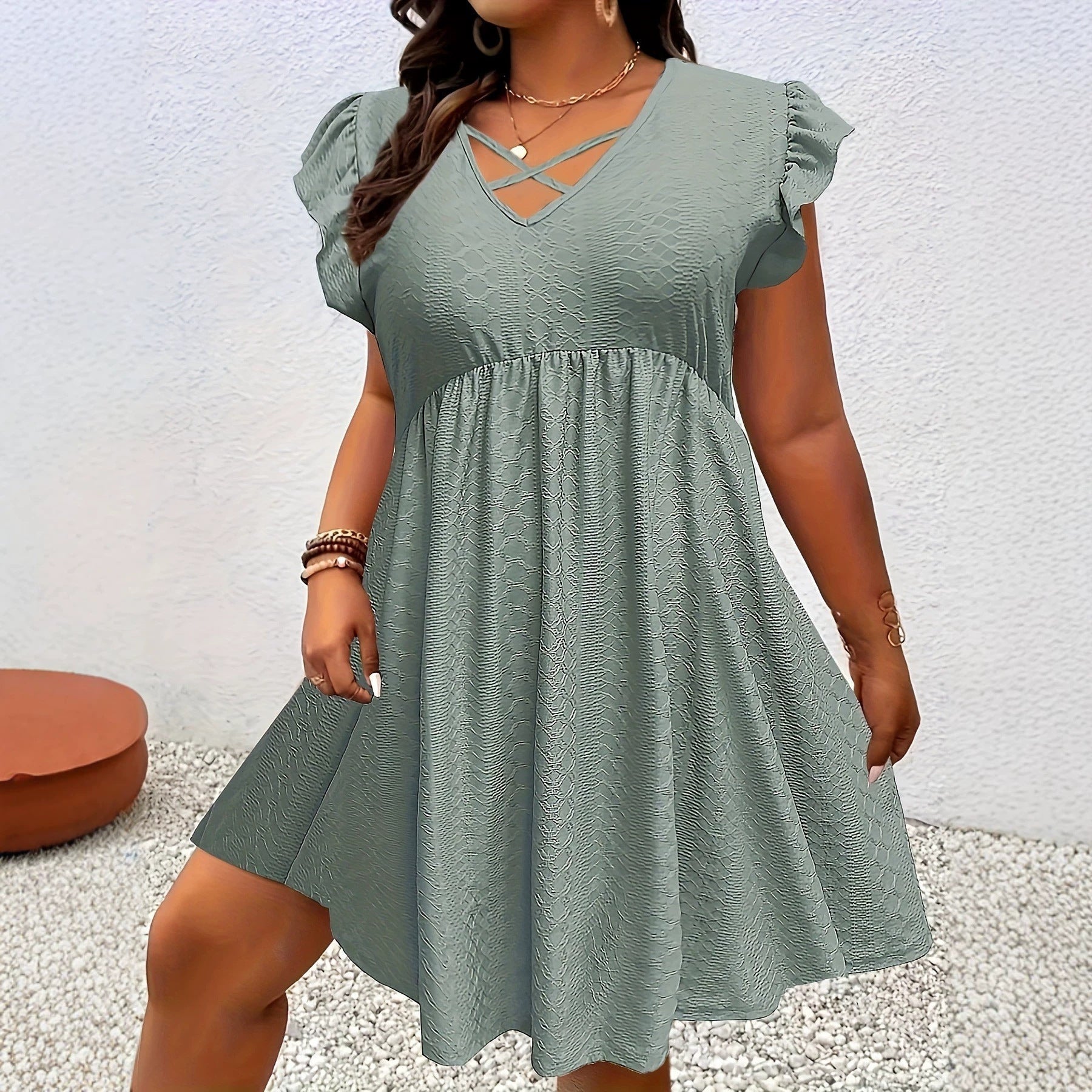 Burgundy V-Neck Ruffle-Sleeve A-Line Midi Dress