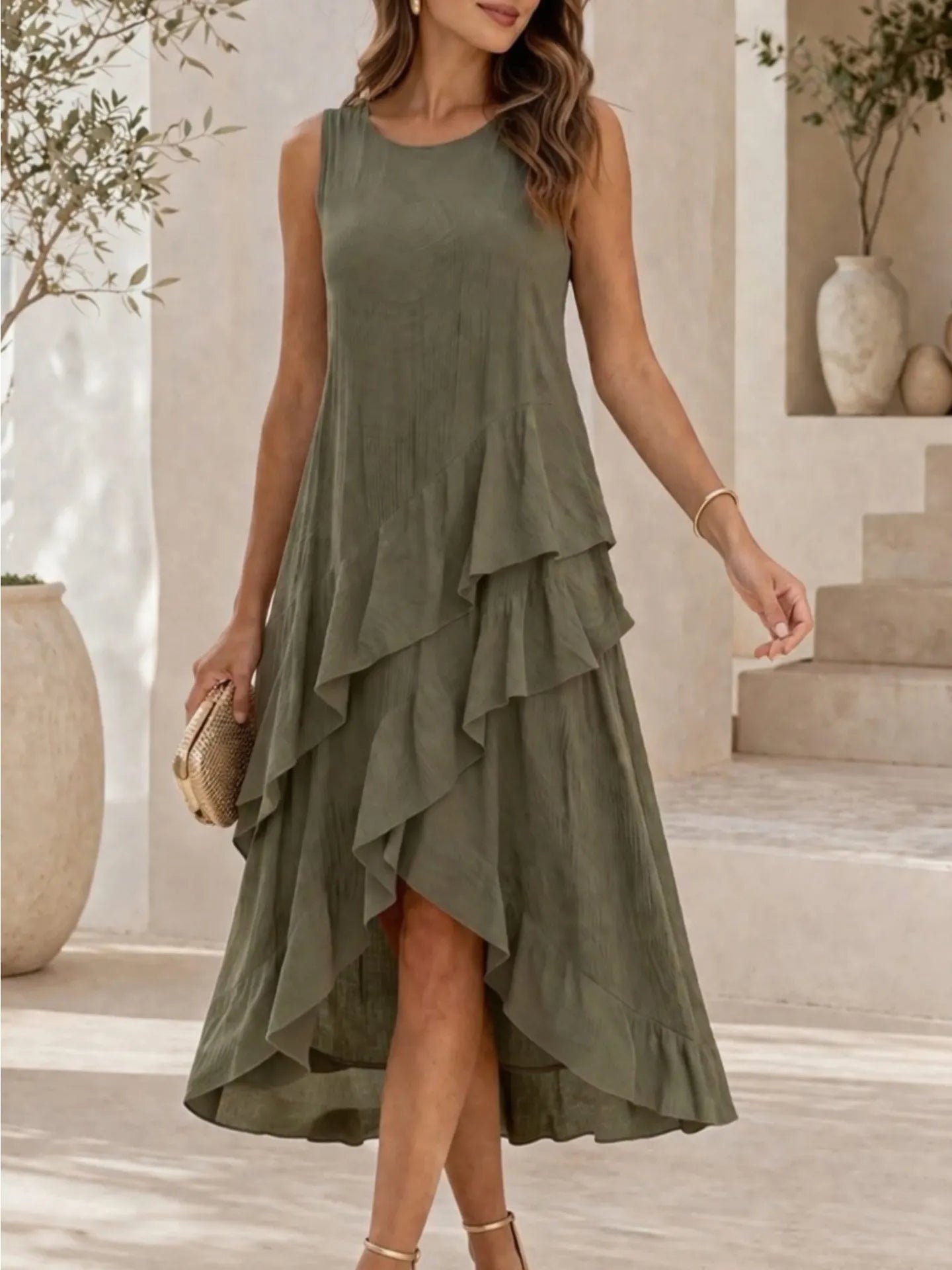 Sleeveless Irregular Ruffle Tiered High Low Maxi Dress