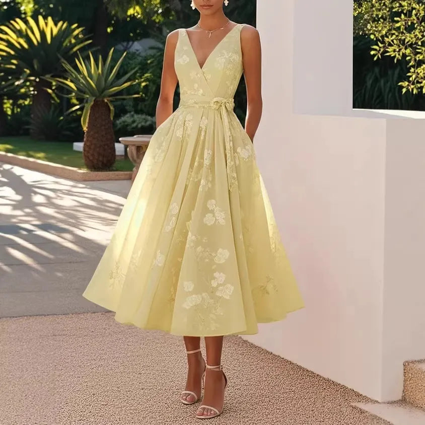 Light Pink V-Neck Sleeveless A-Line Midi Dress