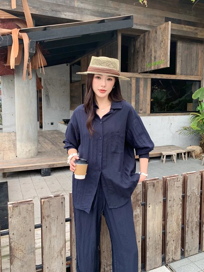 Oversized Long Sleeve Shirt Drawstring Shorts / Pants 2 Piece Casual Suit