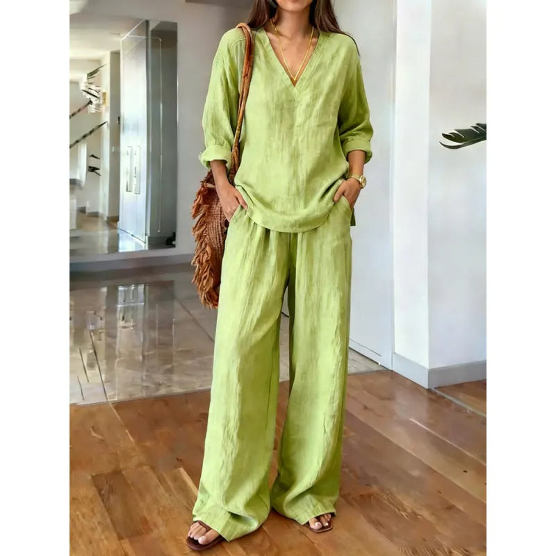 Solid V-Neck Long Sleeve Top & Wide Leg Pants Two-Piece Set