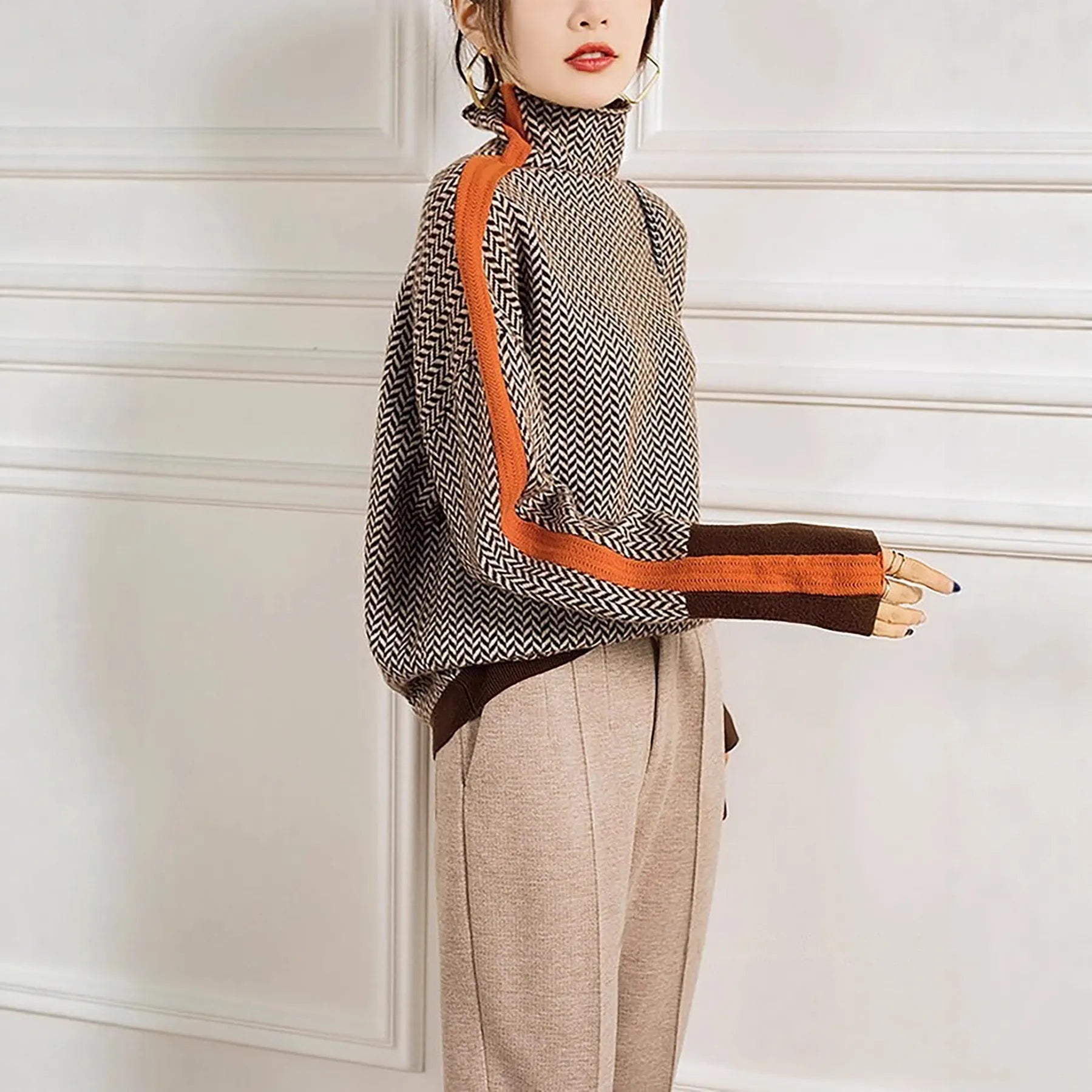 Herringbone Turtleneck Knit Sweater, Color Block Contrast Long Sleeve Slim Pullover