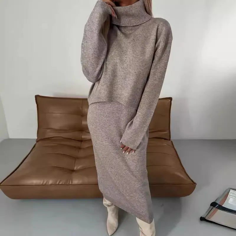 2 Piece Knit Outfit, Cream U Neck Midi Dress + Long Sleeve Knit Shrug Set