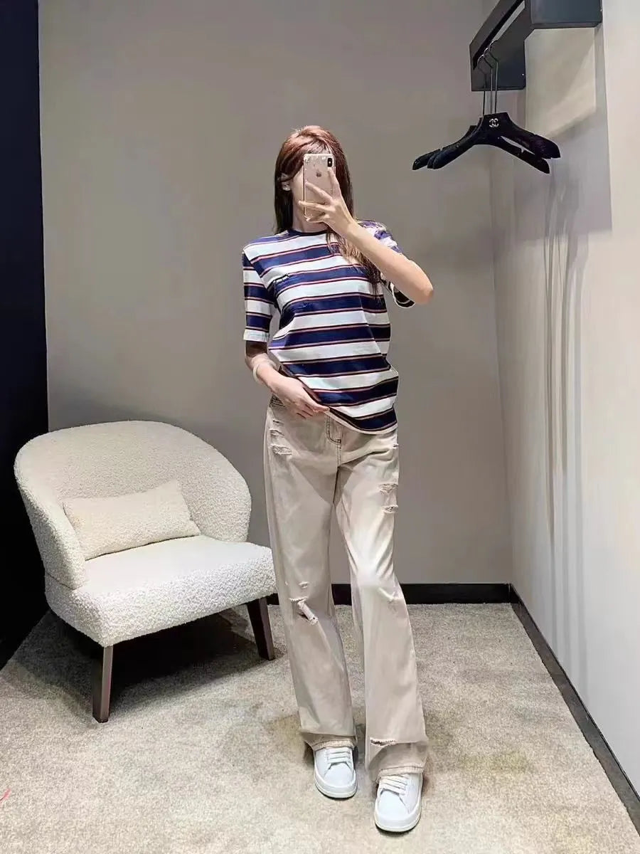 Round Neck Colorful Striped Loose Short Sleeve Cotton T-Shirt