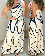 Black Abstract Print One Shoulder Split Maxi Dress
