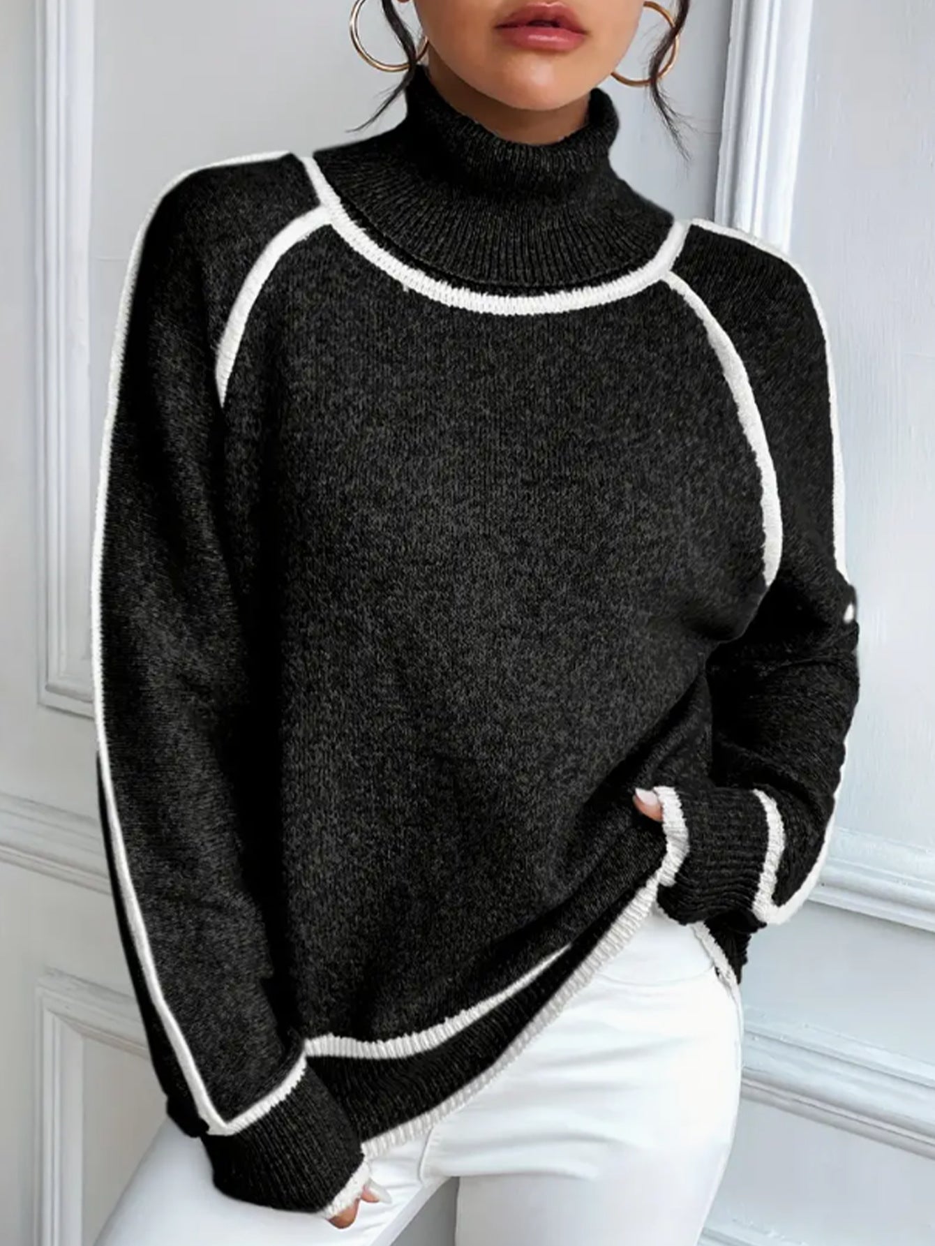 Contrast Trim Turtleneck Sweater, Ladies Raglan Sleeve Soft Knit Loose Fit Casual Pullover