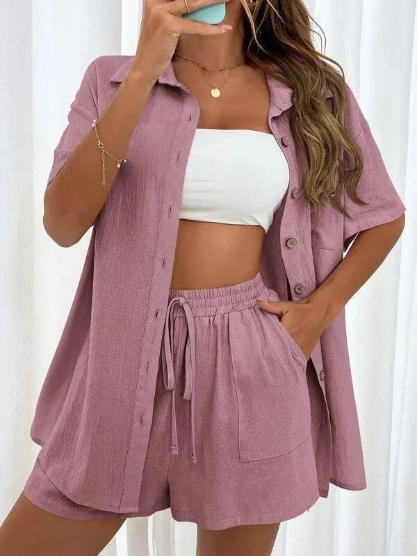 Linen Button Down Shirt & Shorts Set
